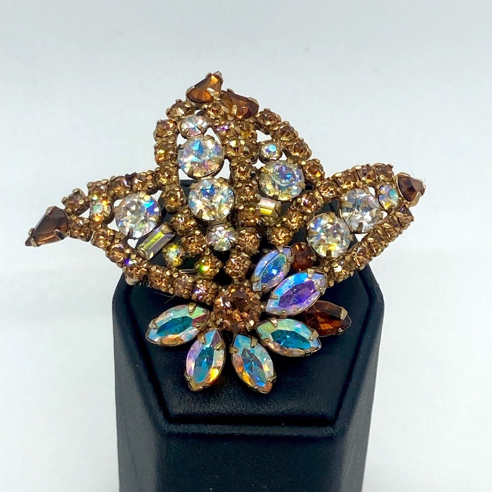 Sherman Topaz AB Aurora Borealis Crystal Floral Flower Brooch | 2.4” W | 1.9” H